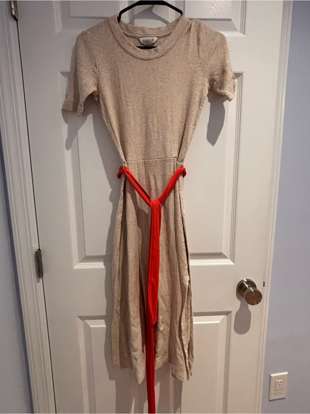 Club Monaco Beige Midi Dress with Orange Belt